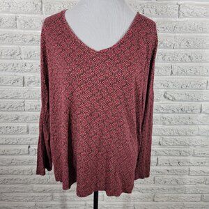 Croft & Barrow Women's 1X Plus Brown Red Geometric V-Neck Long Sleeve GEO226E